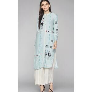 W for Woman Light Blue Printed Kurti Mandarin Neck Calf Length Size 8